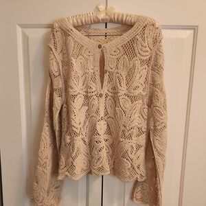 Cream Lace Cardigan with Scalloped Hem and Floral Pattern